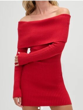 Frankie's Bikinis Red Off-the-Shoulder Ribbed Sweater Dress